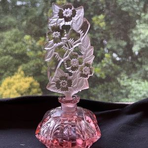 ANTIQUE BOHEMIAN GLASS ART DECO PINK CUT GLASS PERFUME BOTTLE  ROSES CZECH GLASS